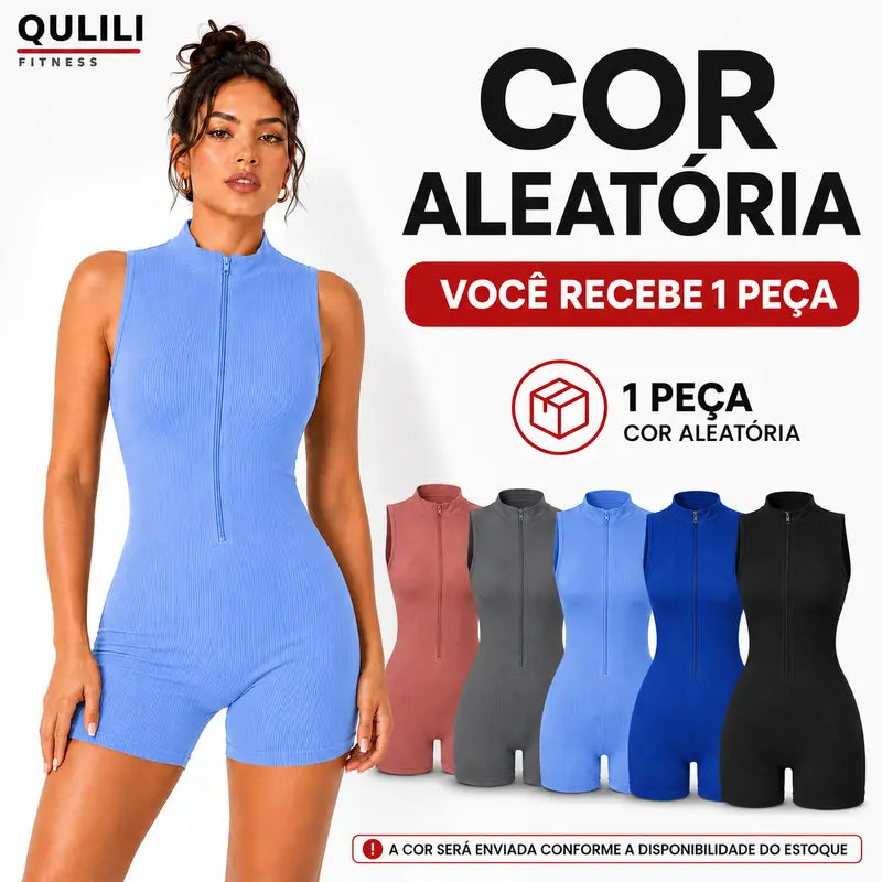 CONJUNTOS Macaquinho Fitness Feminino Curto Canelado Zíper, Tecido Premium Elástico