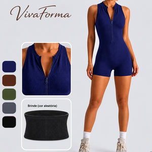 CONJUNTOS Macaquinho Fitness Feminino Curto Canelado Zíper, Tecido Premium Elástico