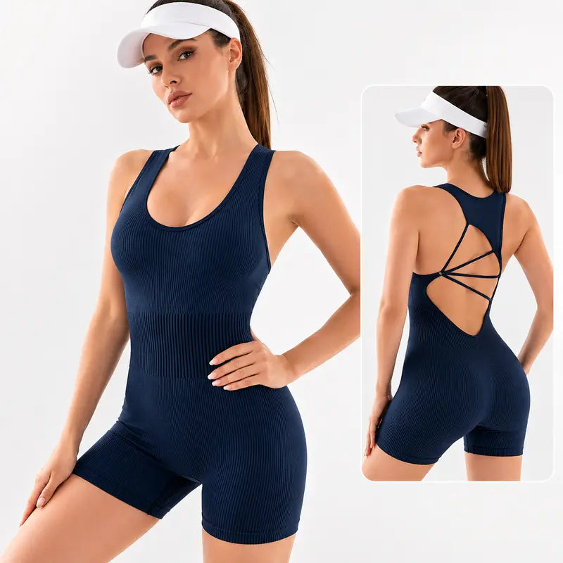 Qulili Macaquinho Fitness Feminino Curto com Costas Abertas e Alças Cruzadas | Alta Elasticidade e Modelagem Justa