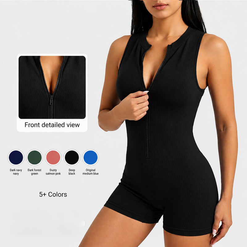 CONJUNTOS Macaquinho Fitness Feminino Curto Canelado Zíper, Tecido Premium Elástico