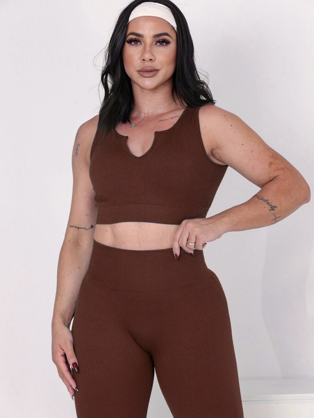 Conjunto Fitness Feminino Canelado 2 Peças | Top + Legging Cintura Alta