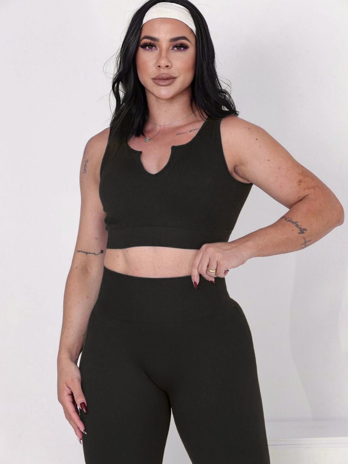 Conjunto Fitness Feminino Canelado 2 Peças | Top + Legging Cintura Alta
