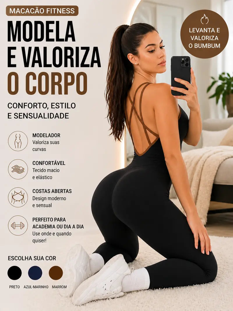 Macacão Fitness Feminino Canelado com Bojo, Alta Elasticidade, Modela o Corpo, Zero Transparência, Confortável para Academia e Yoga