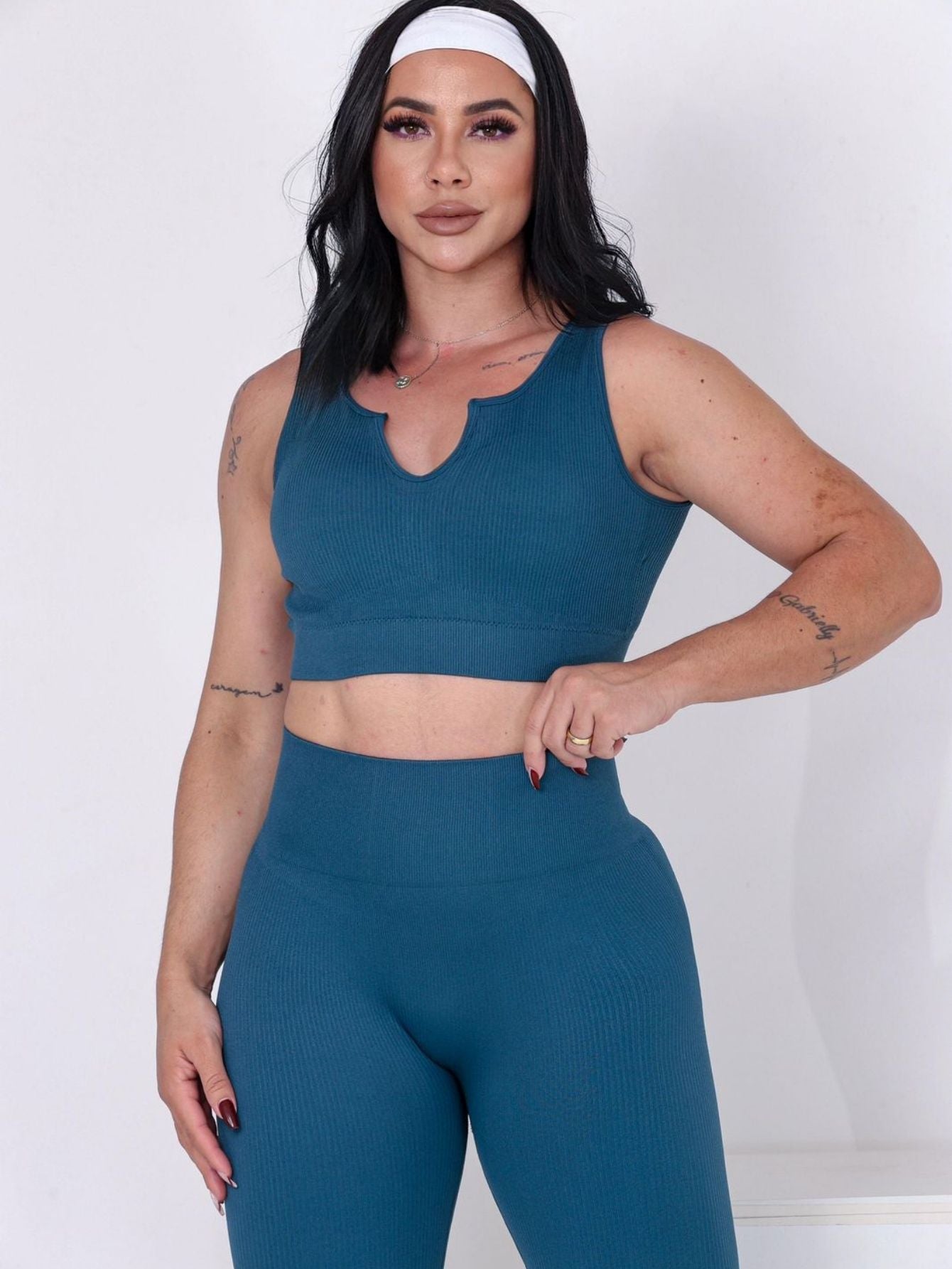 Conjunto Fitness Feminino Canelado 2 Peças | Top + Legging Cintura Alta