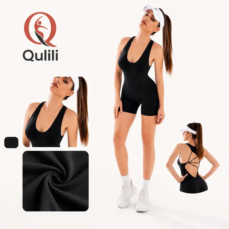 Qulili Macaquinho Fitness Feminino Curto com Costas Abertas e Alças Cruzadas | Alta Elasticidade e Modelagem Justa