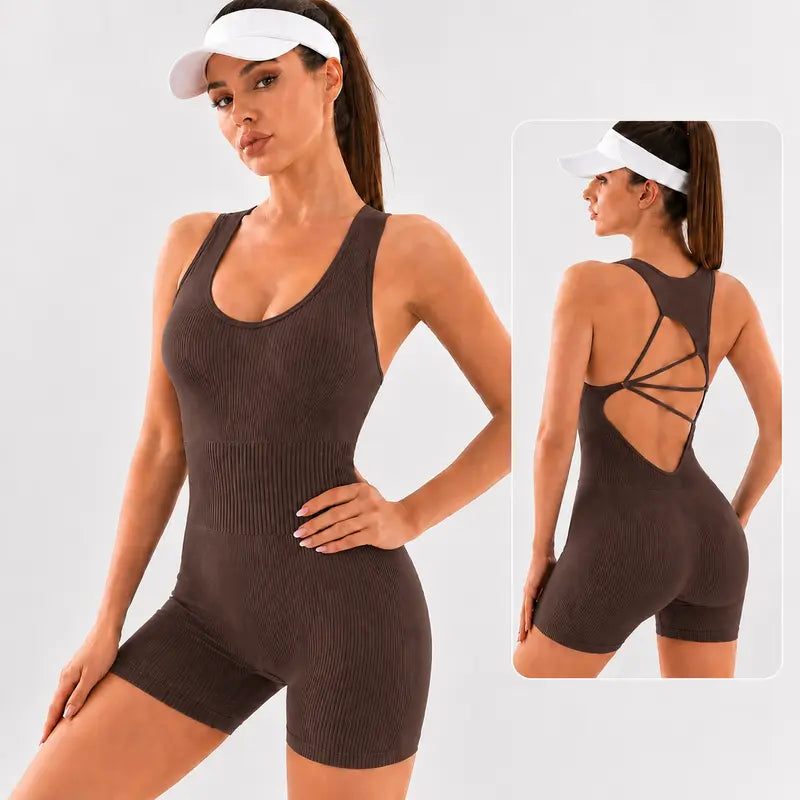 Qulili Macaquinho Fitness Feminino Curto com Costas Abertas e Alças Cruzadas | Alta Elasticidade e Modelagem Justa