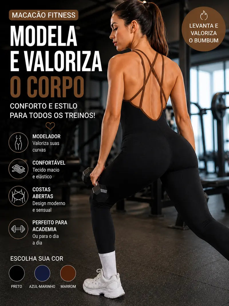Macacão Fitness Feminino Canelado com Bojo, Alta Elasticidade, Modela o Corpo, Zero Transparência, Confortável para Academia e Yoga