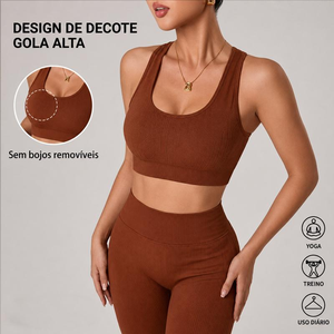 Conjunto de Yoga Canelado com Decote Alto