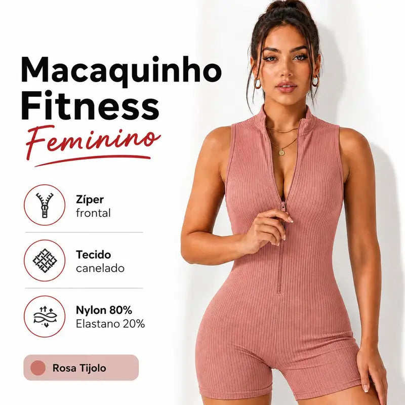CONJUNTOS Macaquinho Fitness Feminino Curto Canelado Zíper, Tecido Premium Elástico