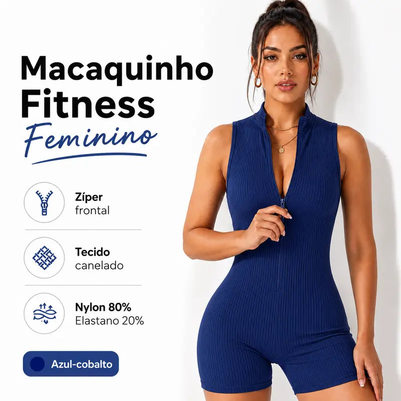 CONJUNTOS Macaquinho Fitness Feminino Curto Canelado Zíper, Tecido Premium Elástico