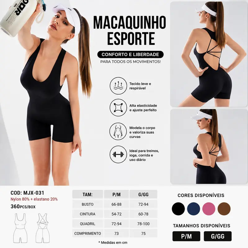 Qulili Macaquinho Fitness Feminino Curto com Costas Abertas e Alças Cruzadas | Alta Elasticidade e Modelagem Justa