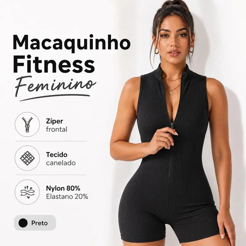 CONJUNTOS Macaquinho Fitness Feminino Curto Canelado Zíper, Tecido Premium Elástico