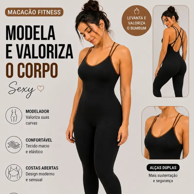 Macacão Fitness Feminino Canelado com Bojo, Alta Elasticidade, Modela o Corpo, Zero Transparência, Confortável para Academia e Yoga