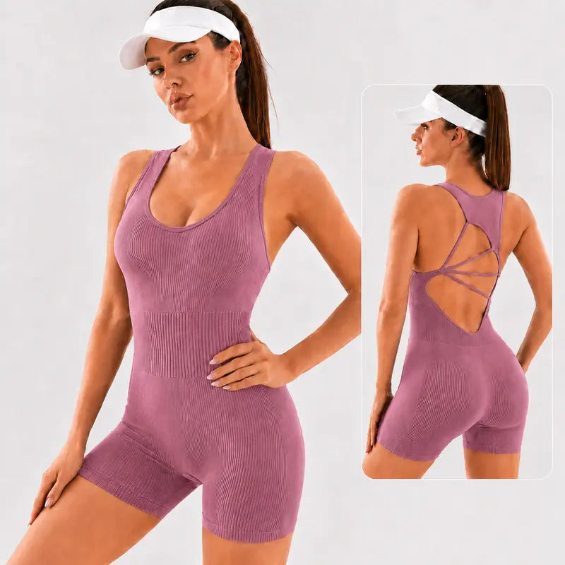 Qulili Macaquinho Fitness Feminino Curto com Costas Abertas e Alças Cruzadas | Alta Elasticidade e Modelagem Justa