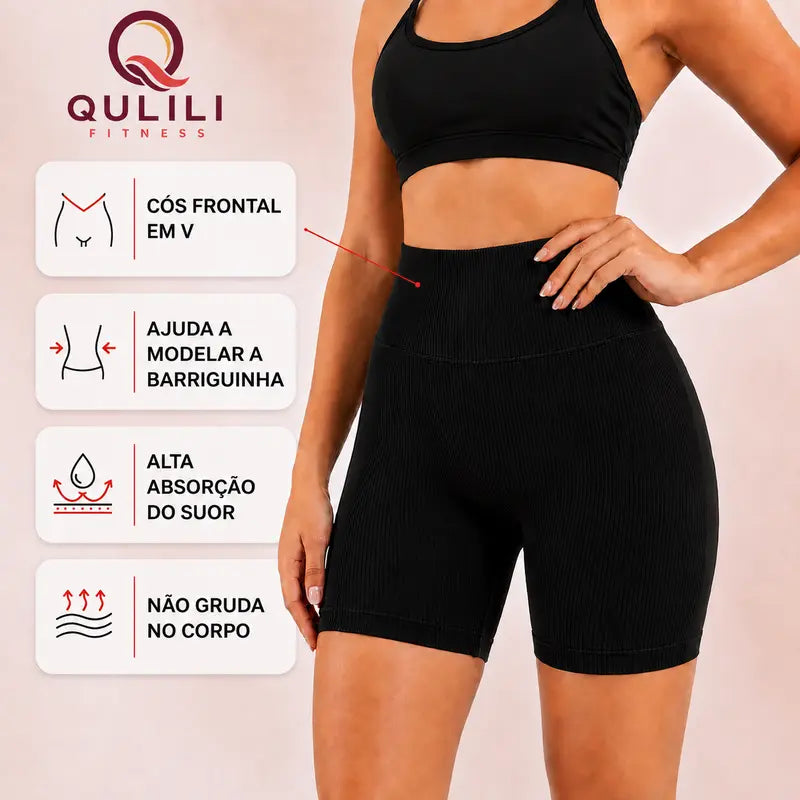 Shorts Fitness Feminino Canelado Cintura Alta | Confortável e Elástico