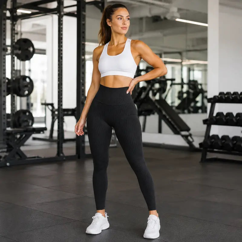 Legging Feminina Canelada Cintura Alta Controle Abdominal Calça Esportiva Elástica Confortável Para Yoga, Pilates, Treino na Academia e Corrida