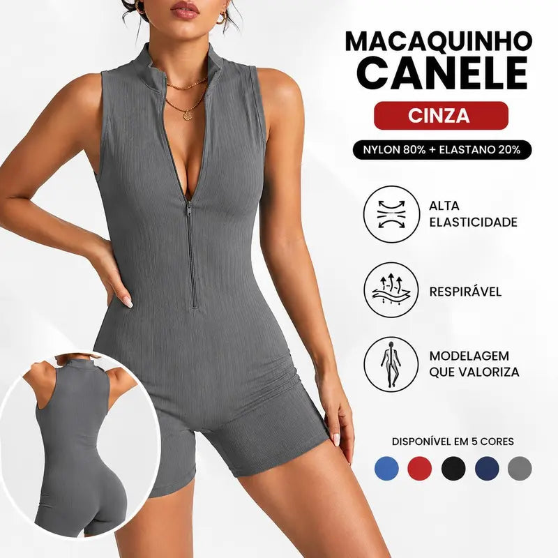 CONJUNTOS Macaquinho Fitness Feminino Curto Canelado Zíper, Tecido Premium Elástico